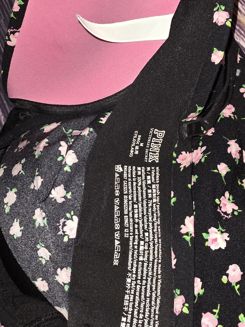 PINK Victoria's Secret Black Floral Bralette with Pink Rose Print
